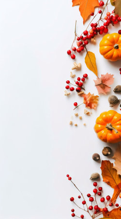 A beautiful autumnal arrangement with pumpkins, berries, and leaves on a white background. Perfect for Thanksgiving or fall-themed projects.の写真素材