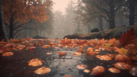 A tranquil autumn scene of a stream flowing through a forest during a gentle rain, leaves floating...