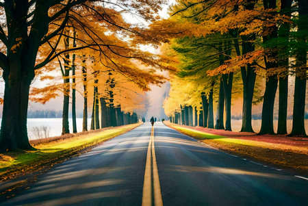 A picturesque road lined with vibrant autumn trees, showcasing golden leaves and a tranquil...