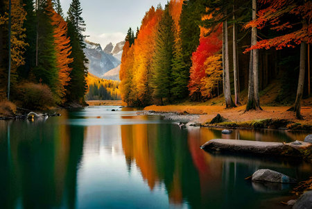 A picturesque lake mirroring the brilliant hues of autumn foliage and snow-capped mountains. Serenity personified.の写真素材