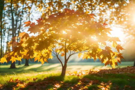 A single maple tree bathed in sunlight, its golden leaves glowing against a blurred forest...