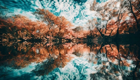 Stunning autumn scene with vibrant colors reflecting in a calm lake. Perfect peaceful nature photography.の写真素材