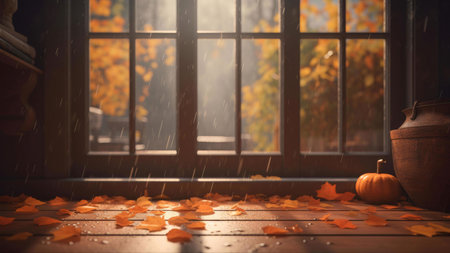 Rainy autumn day scene viewed from inside looking through a window at golden leaves. A small pumpkin and scattered leaves are on the wooden sill.の写真素材