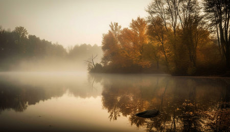 A tranquil autumn morning scene. Misty lake reflecting golden trees.