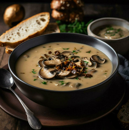 A delectable creamy mushroom soup, garnished with toasted bread. Perfect for a cozy meal.の写真素材