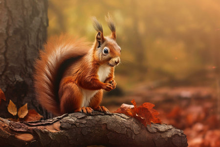 A charming red squirrel sits on a tree branch in an autumnal forest. The warm colors of the season create a beautiful atmosphere.の写真素材