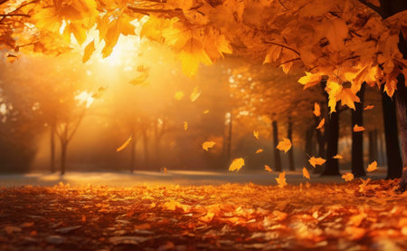 Stunning autumn scene with falling leaves and sunlight.の写真素材