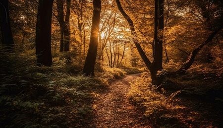 A picturesque autumnal forest path bathed in the warm glow of the setting sun. Peaceful and serene.の写真素材