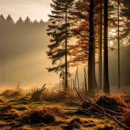 Misty sunrise illuminating a forest with tall trees and golden light. Peaceful atmosphere.の写真素材