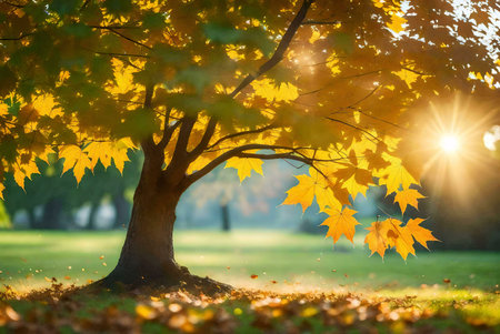 Golden maple tree in autumn, bathed in sunlight. Leaves vibrant yellow, beautiful fall scene.