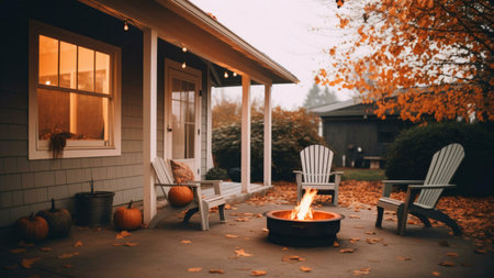 A heartwarming autumn scene of a home's porch with a fire, pumpkins, and comfy chairs, creating a...