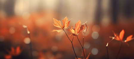Close-up shot of delicate autumn leaves bathed in sunlight. Warm colors and soft focus create a...