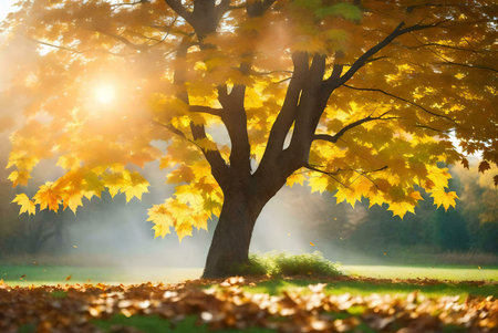 A majestic tree with golden leaves bathed in sunlight, showcasing the serene beauty of autumn.の写真素材
