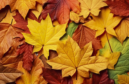 Close-up view of a pile of colorful autumn leaves showcasing various shades of yellow, orange, and...
