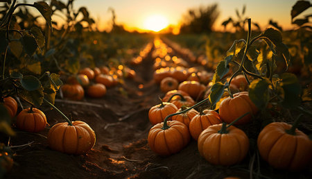 Pumpkins bathed in the warm glow of a setting sun. A picturesque autumn harvest scene.の写真素材