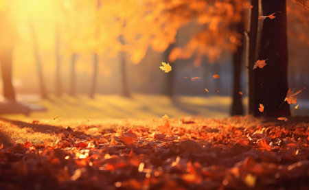Falling leaves paint a stunning autumn scene. Warm sunset light bathes the park in golden hues.