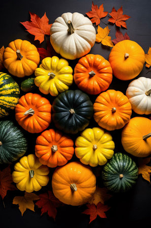 A vibrant collection of pumpkins and gourds arranged against a dark background. Autumn leaves add to the seasonal feel.の写真素材