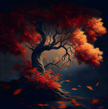 A digital painting of a tree in autumn, leaves are falling. Tranquil and mystic atmosphere.