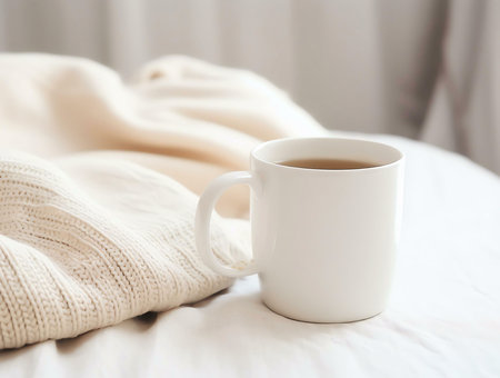 A white mug of tea sits on a bed, next to a soft cream-colored knitted sweater. The scene evokes a feeling of warmth and serenity.の写真素材