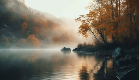 Serene autumn scene: a misty lake reflects golden atmosphere and hills, creating a peaceful.