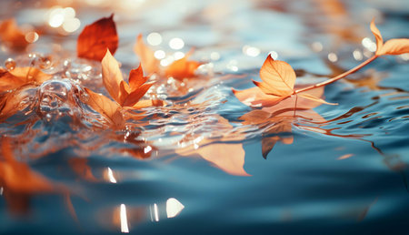 Orange autumn leaves gently float on a calm body of water, creating a serene and picturesque scene. The reflection enhances the tranquility.の写真素材