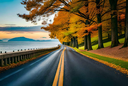 A picturesque road lined with golden autumn trees leads to a tranquil ocean view. The scene exudes peace and serenity.の写真素材