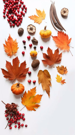 An autumnal flatlay showcasing vibrant leaves, pumpkins, and cranberries. A beautiful autumn still...