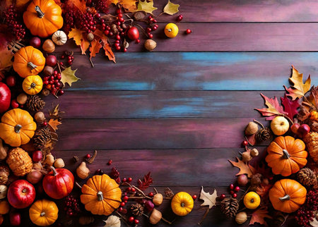 Vibrant autumn harvest scene with pumpkins, apples, and fall leaves arranged on a rustic wooden...