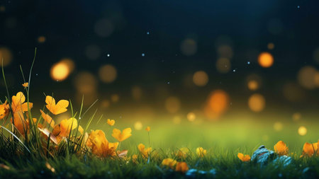 Golden leaves scattered on a lush green meadow under a magical night sky. A serene and dreamy autumn scene.の写真素材