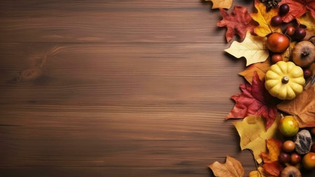 Thanksgiving autumnal still life with vibrant fall leaves, gourds, and pumpkins on a rustic wooden background.の写真素材