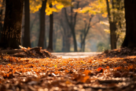 A sunlit path covered in fallen autumn leaves. Warm colors dominate this tranquil scene.の写真素材