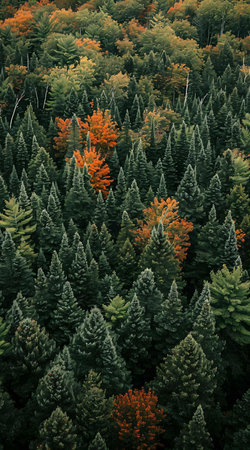Stunning aerial shot capturing the beauty of an autumnal forest. A mix of evergreen and deciduous...