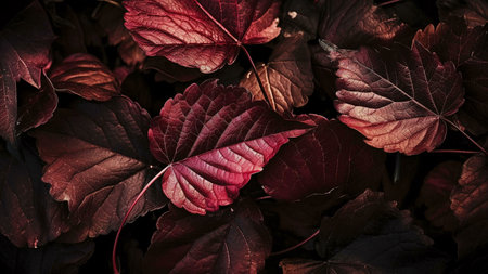 Close-up shot of vibrant burgundy autumn leaves. Deep colors and intricate details.