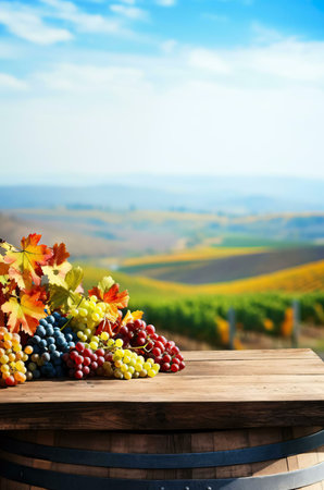 Ripe grapes on a wooden barrel, overlooking a picturesque autumnal vineyard. A perfect image representing harvest season.の写真素材