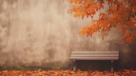 A serene autumn scene featuring a simple wooden bench beneath a tree with vibrant orange leaves, set...