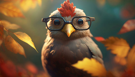 A charming digital painting of a bird wearing glasses amidst autumn leaves. Adorable and artistic.の写真素材