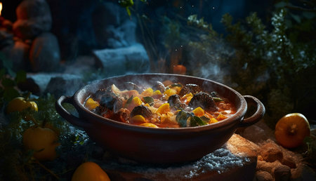 A steaming autumn stew simmers in a rustic clay pot, creating a warm and inviting culinary scene.の写真素材