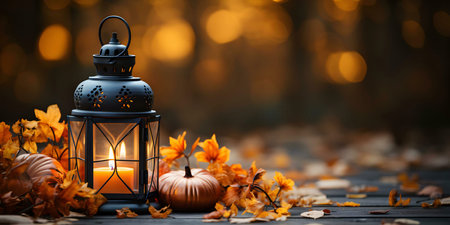 A lit lantern sits amidst autumn leaves and pumpkins, creating a warm and inviting fall scene.の写真素材
