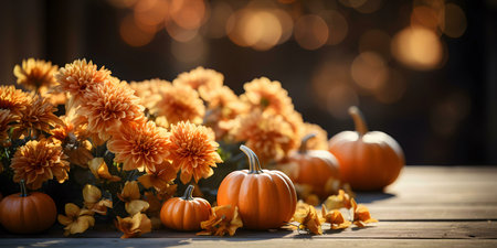 A charming autumn scene featuring small pumpkins and vibrant orange chrysanthemums arranged on a...
