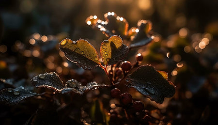 Close-up of leaves covered in morning dew, bathed in the warm golden light of sunrise. A beautiful...