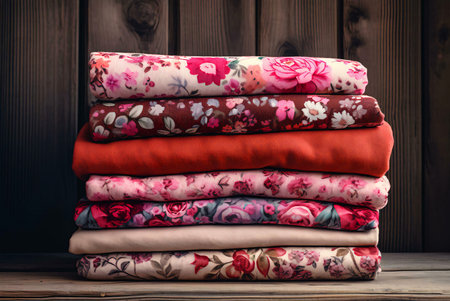 A neatly stacked pile of various floral fabrics, displaying a vibrant range of colors and patterns....