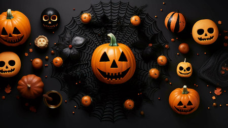 A spooky flatlay Halloween decoration with carved pumpkins, spiderwebs and candies.の写真素材