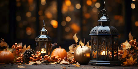 An autumnal scene with lit lanterns, pumpkins, and fall leaves creating a warm and inviting...
