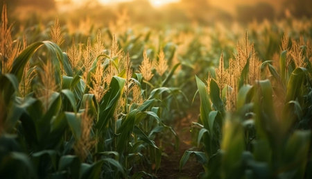 A picturesque sunset over a lush cornfield. Warm light bathes the tall plants, creating a tranquil...