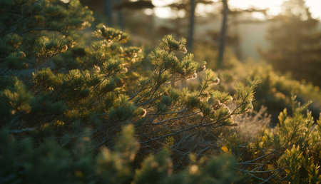 Sun-kissed pine branches bathed in the golden light of sunset. A tranquil forest scene.