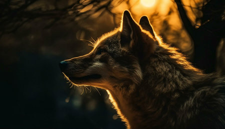 A majestic wolf silhouetted against a stunning golden sunset. The image captures the wild beauty of...