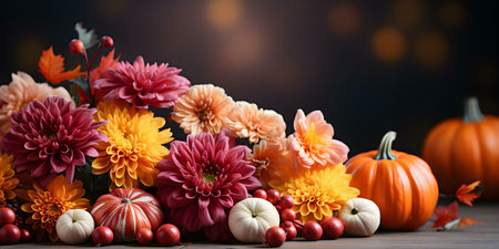 Vibrant autumnal arrangement featuring dahlias, pumpkins, and berries. A festive and colorful still...