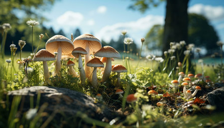 A close-up shot of several mushrooms growing in a sunny meadow. Various sizes and colors of mushrooms are visible, showcasing a vibrant natural scene.の写真素材