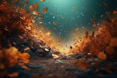 Falling leaves create a magical autumn scene. A whirlwind of vibrant colors in a surreal landscape.の写真素材