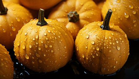 A close-up image of several small pumpkins glistening with water droplets.